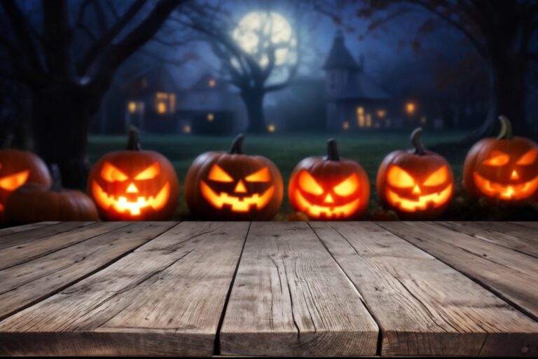 Empty,Wooden,Table,And,Blurred,With,Halloween,Background.,Halloween,Night.
