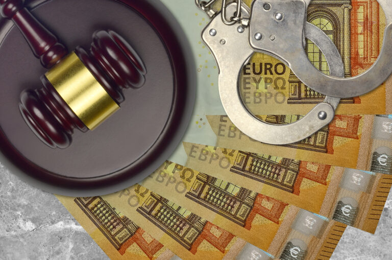 50,Euro,Bills,And,Judge,Hammer,With,Police,Handcuffs,On