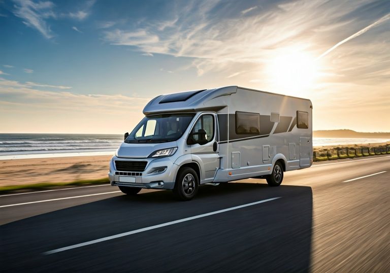 A,Brand,New,Rv,Driving,Along,The,Road,With,A