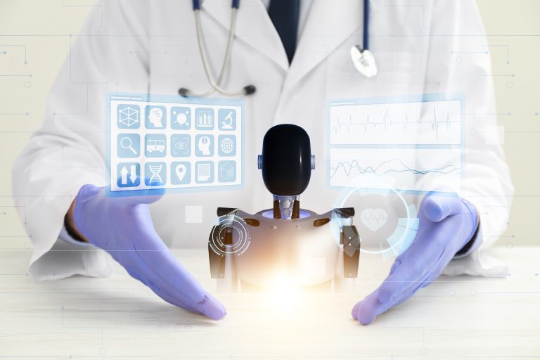 Artificial,Intelligence,Medical,Assistant.,Healthcare,Worker,Showing,Virtual,Robot,At