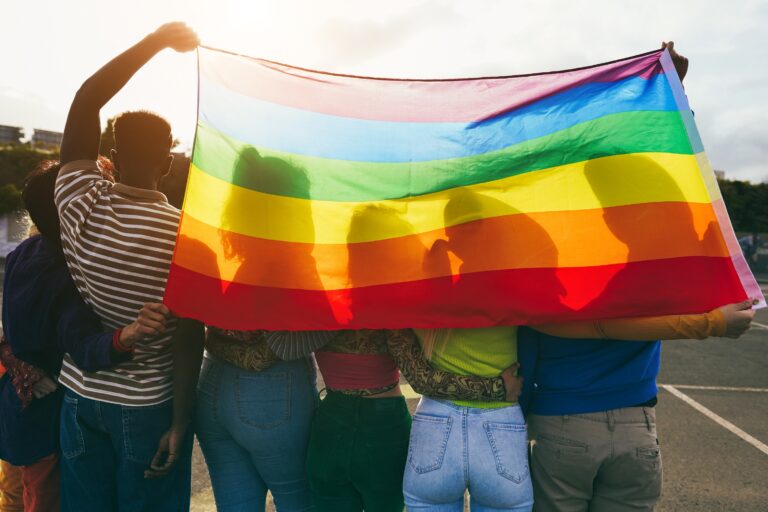 Young,Diverse,People,Having,Fun,Holding,Lgbt,Rainbow,Flag,Outdoor